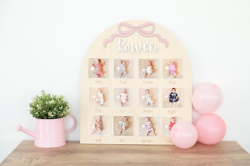 First Birthday Photo Board Bow One Year of Photo Display Wood My First Year Milestone Picture 1st Birthday Arch 12 Months image 1