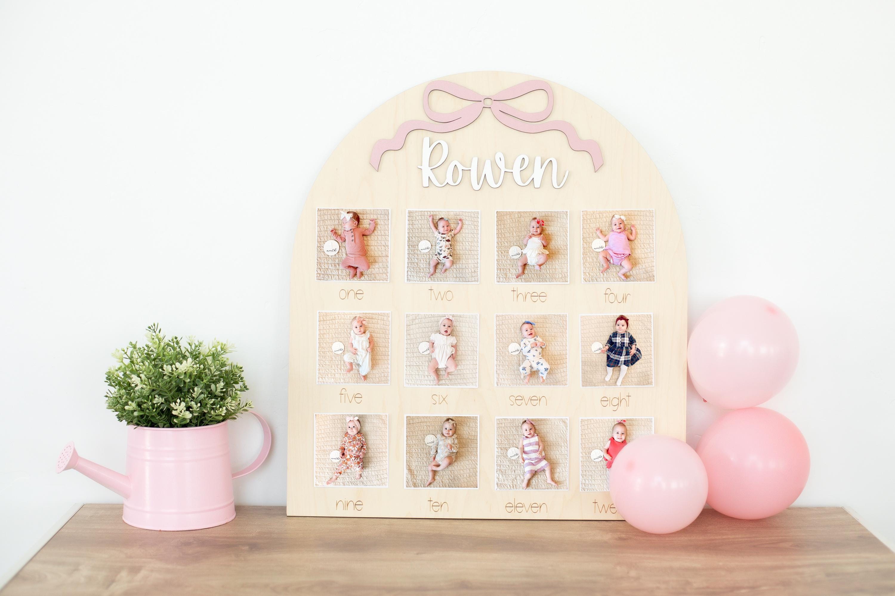 First Birthday Photo Board Bow One Year of Photo Display Wood My First Year Milestone Picture 1st Birthday Arch  12 Months