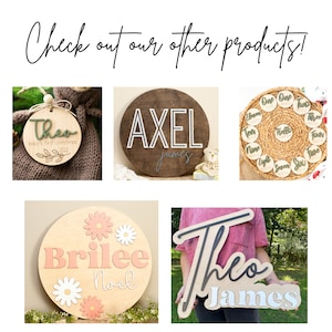 May include: A collection of personalized wooden signs with various names and designs. The signs feature different fonts, colors, and styles, including a round sign with the name "Axel" and a smaller sign with the name "Theo".