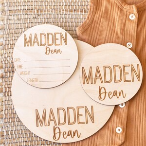 Baby Name Announcement Newborn Wooden Name Sign for Hospital Birth Stats Personalized Round Wood Sign Footprint Ready Keepsake Baby Shower