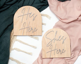 He's Here She's Here Wood Baby Announcement Sign: Newborn Photo Prop