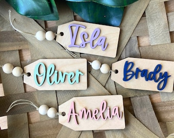 Beaded Wooden Name Tag, Personalized Easter Basket Tag, Custom Kids Name Tag, Wooden Gift Tag, Easter Name tags for Grandkids, Grandchildren