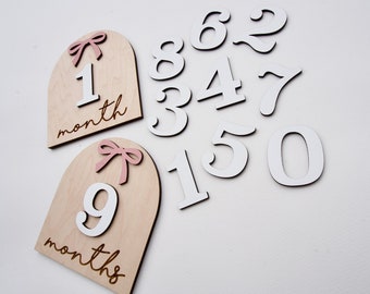 May include: Wooden arch-shaped signs with pink bows and white numbers for a baby's monthly milestone photos. The numbers 1, 9, 0, 1, 2, 3, 4, 5, 6, 7, 8 are included. The signs read "1 month" and "9 months".