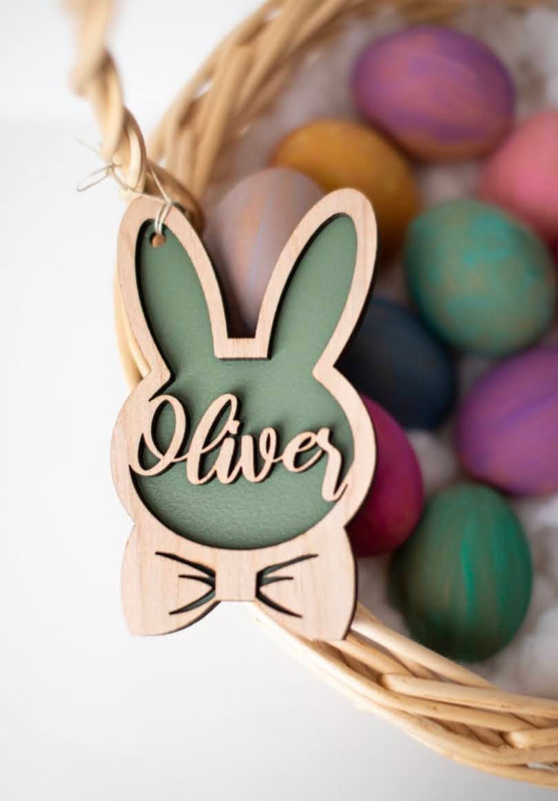 Personalized Bunny Easter Basket Tag, Custom Easter Place Card Name, Easter Basket Name Charm