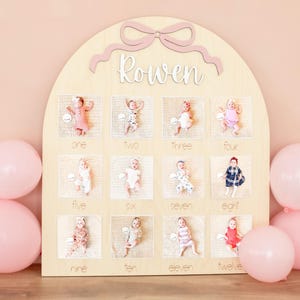First Birthday Photo Board Bow One Year of Photo Display Wood My First Year Milestone Picture 1st Birthday Arch 12 Months image 4