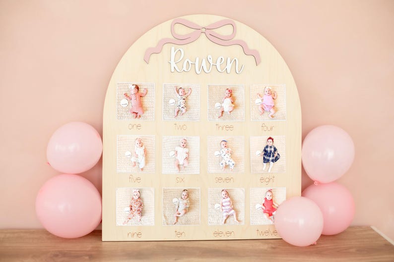 First Birthday Photo Board Bow One Year of Photo Display Wood My First Year Milestone Picture 1st Birthday Arch 12 Months image 4