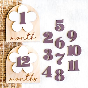 first year wooden monthly milestone markers with purple interchangeable numbers