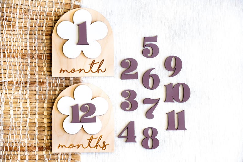 first year wooden monthly milestone markers with purple interchangeable numbers