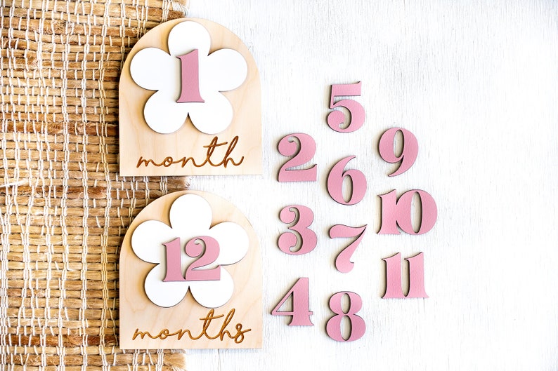 Wooden baby milestone markers with a pink flower design. The set includes a 1 month and 12 months marker, as well as individual numbers 1 through 10.