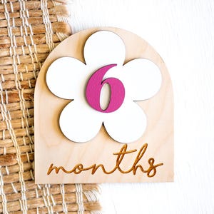 6 month baby milestone marker with white flower and pink number