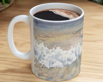 Ocean Waves Watercolor Mug | Beach Seascape Ceramic Coffee Cup