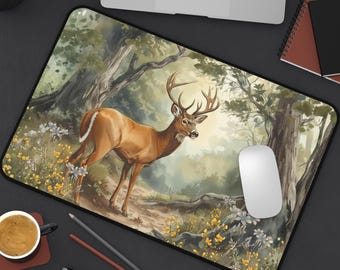 Forest Buck Illustration Desk Mat | Deer Scene Mouse Pad, Woodland Nature Office Decor