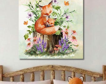 Mama Fox and Kit Floral Illustration Canvas, Wall Decor for Nursery or Child