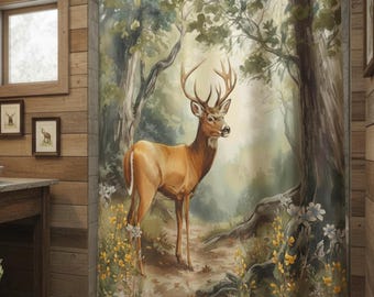 Woodland Forest Shower Curtain with Majestic Buck  | Watercolor Forest Wildflower Bathroom Decor