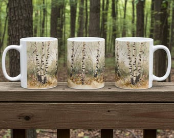 AOP Birch Forest Watercolor Mug | Floral Woodland Scene Ceramic Mug