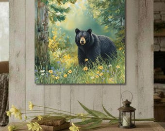 Watercolor Black Bear in Lush Woods Canvas Wall Art, Natural Tones and Floral Accents