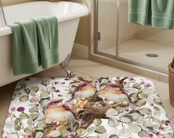 Watercolor Nesting Birds Bath Mat | Floral Eucalyptus Design