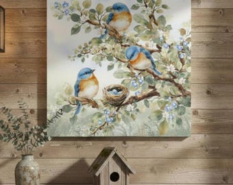 Adorable Bluebirds Sitting on Branches Wall Canvas | Watercolor Matte Stretched Canvas