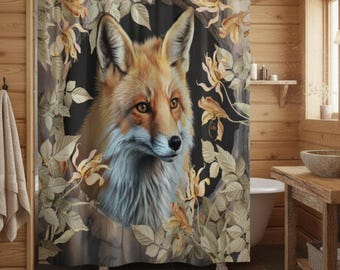 Red Fox Portrait Shower Curtain | Woodland Fox Bathroom Decor, Watercolor Floral Leaves