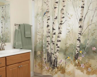 Birch Forest Watercolor Shower Curtain | Birch Trees Birds Nature