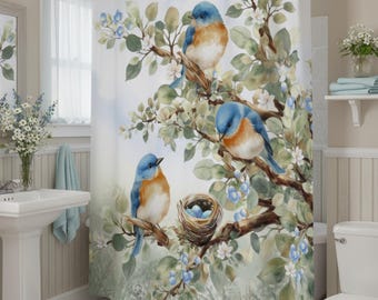 Woodsy Bluebird Nest Shower Curtain | Watercolor Birds Floral Bathroom Decor