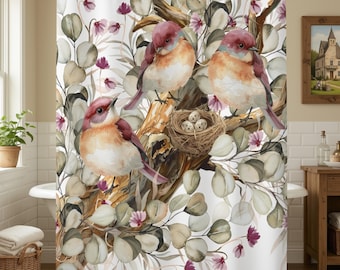 Watercolor Songbirds Nest Shower Curtain | Botanical Floral Leaves