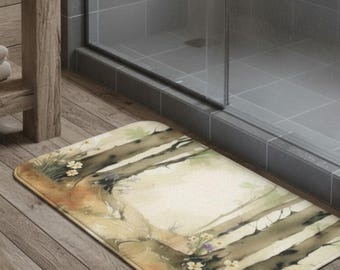 Watercolor Woodland Trees with Wildflowers Bath Mat | Quiet Forest Path