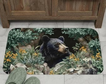 Black Bear Wildlife Scene Bath Mat | Forest Floral Nature Decor