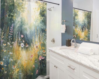 Watercolor Forest Wildflowers Shower Curtain, Bathroom Decor, Nature Lovers Gift