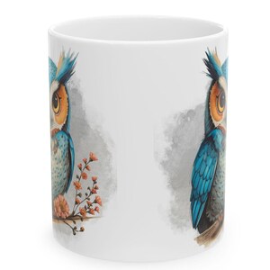 Fun Blue Owl Ceramic Coffee Mug with Watercolor Illustration, Comfortable C-Handle, 11oz or 15oz image 3