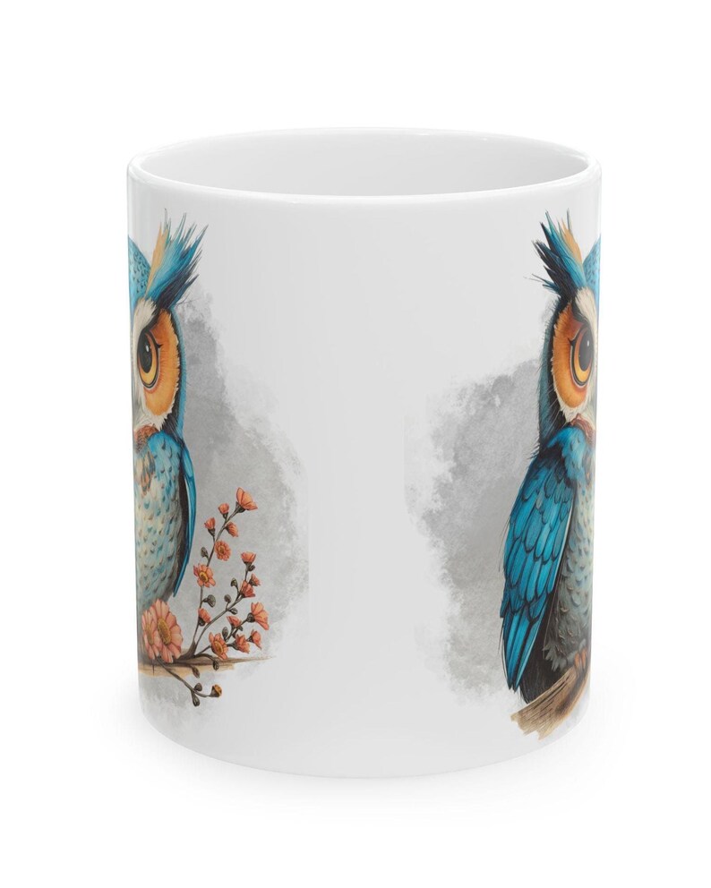 Fun Blue Owl Ceramic Coffee Mug with Watercolor Illustration, Comfortable C-Handle, 11oz or 15oz image 3
