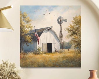 Matte Canvas Print, Country Morning Barn, American Flag, Windmill, Rural Wall Art