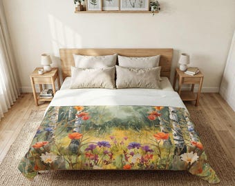 Edredón de algodón con estampado de flores silvestres y bosque de abedules / Ropa de cama con estampado floral de bosque