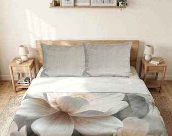 Lichtgewicht katoenen dekbed: gedempte bloemenprint, dubbel vierkant quilten, neutrale slaapkamer