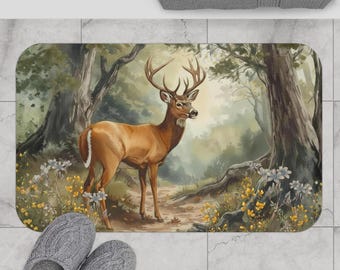 Forest Buck White Tail Deer Bath Mat | Woodland Scene, Wildflower Meadow