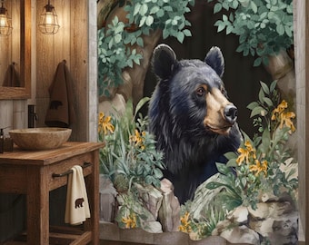 Black Bear in Forest Shower Curtain | Woodland Wildlife Bathroom Decor