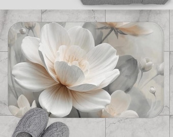 Soft White Floral Bath Mat | Neutral Flower Bathroom Rug