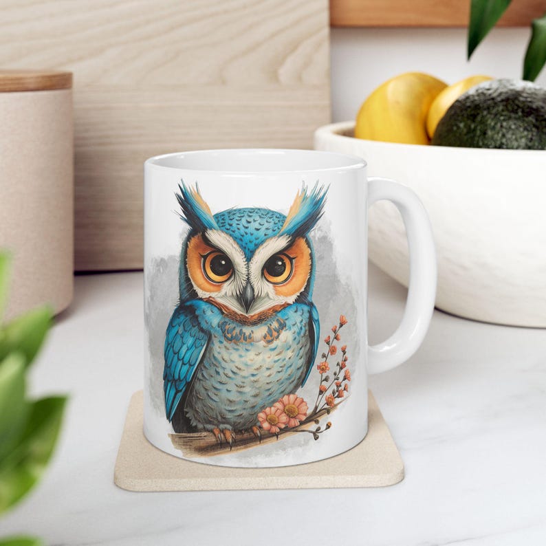 Fun Blue Owl Ceramic Coffee Mug with Watercolor Illustration, Comfortable C-Handle, 11oz or 15oz image 10