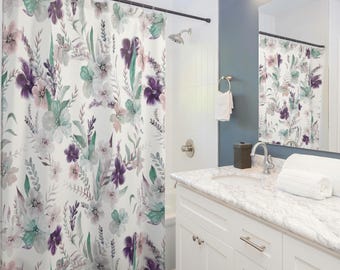 Teal Purple Watercolor Floral Shower Curtain | Botanical Bathroom Décor