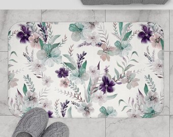 Watercolor Lavender Floral Bath Mat | Pastel Purple Green Flower Pattern
