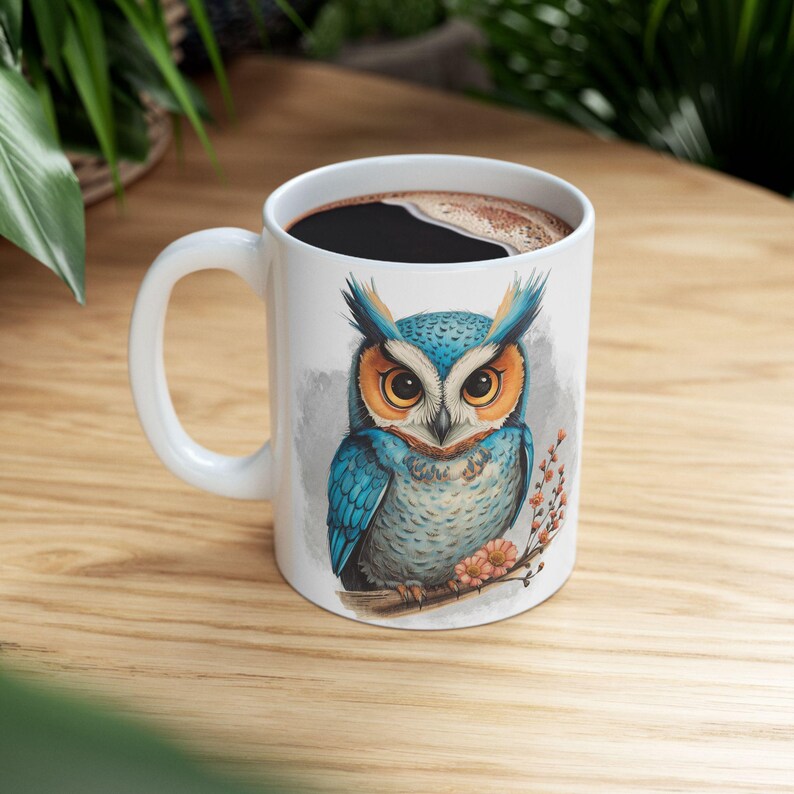 Fun Blue Owl Ceramic Coffee Mug with Watercolor Illustration, Comfortable C-Handle, 11oz or 15oz image 11