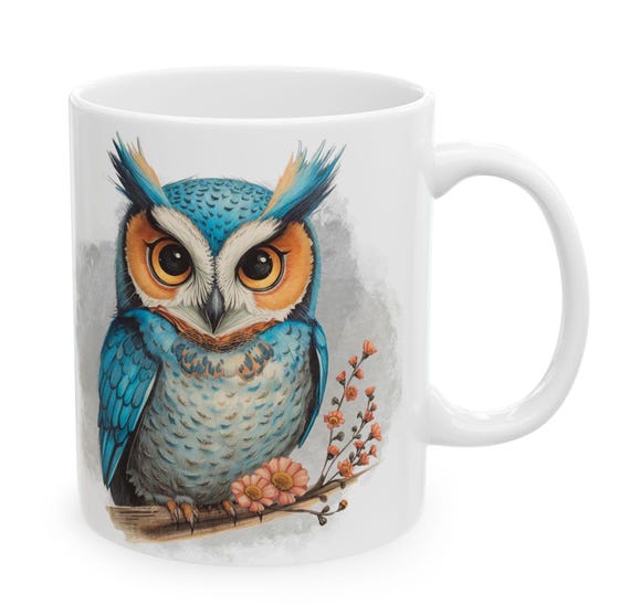 Fun Blue Owl Ceramic Coffee Mug with Watercolor Illustration, Comfortable C-Handle, 11oz or 15oz