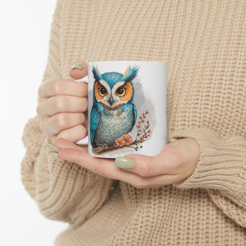 Fun Blue Owl Ceramic Coffee Mug with Watercolor Illustration, Comfortable C-Handle, 11oz or 15oz image 12