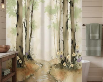 A Quiet Path Through the Forest Shower Curtain | Watercolor Woodland Trees with Wildflowers