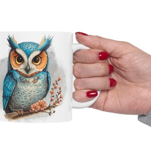 Fun Blue Owl Ceramic Coffee Mug with Watercolor Illustration, Comfortable C-Handle, 11oz or 15oz image 13