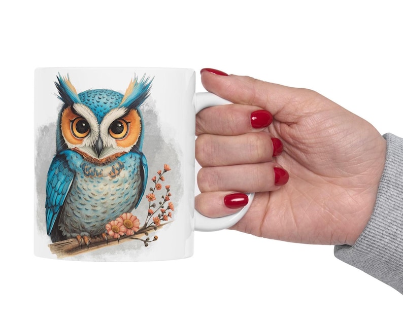 Fun Blue Owl Ceramic Coffee Mug with Watercolor Illustration, Comfortable C-Handle, 11oz or 15oz image 13