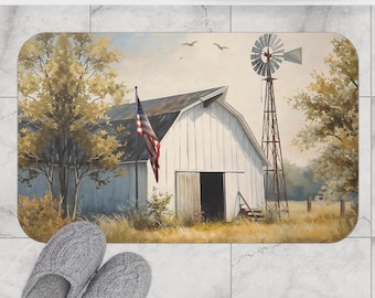 Badmat Amerikaanse witte schuurscène | Rustiek boerderijlandschap met windmolen