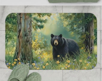 Black Bear in Wildflower Forest Bath Mat | Nature Animal Decor