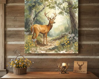 Woodland Graceful White Tailed Buck on Matte Stretched Canvas, Rustic Nature Deer Wall Art