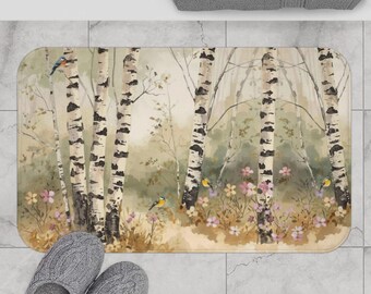 Birch Forest Floral Bath Mat | Woodland Tree & Birds Meadow Bathroom Rug